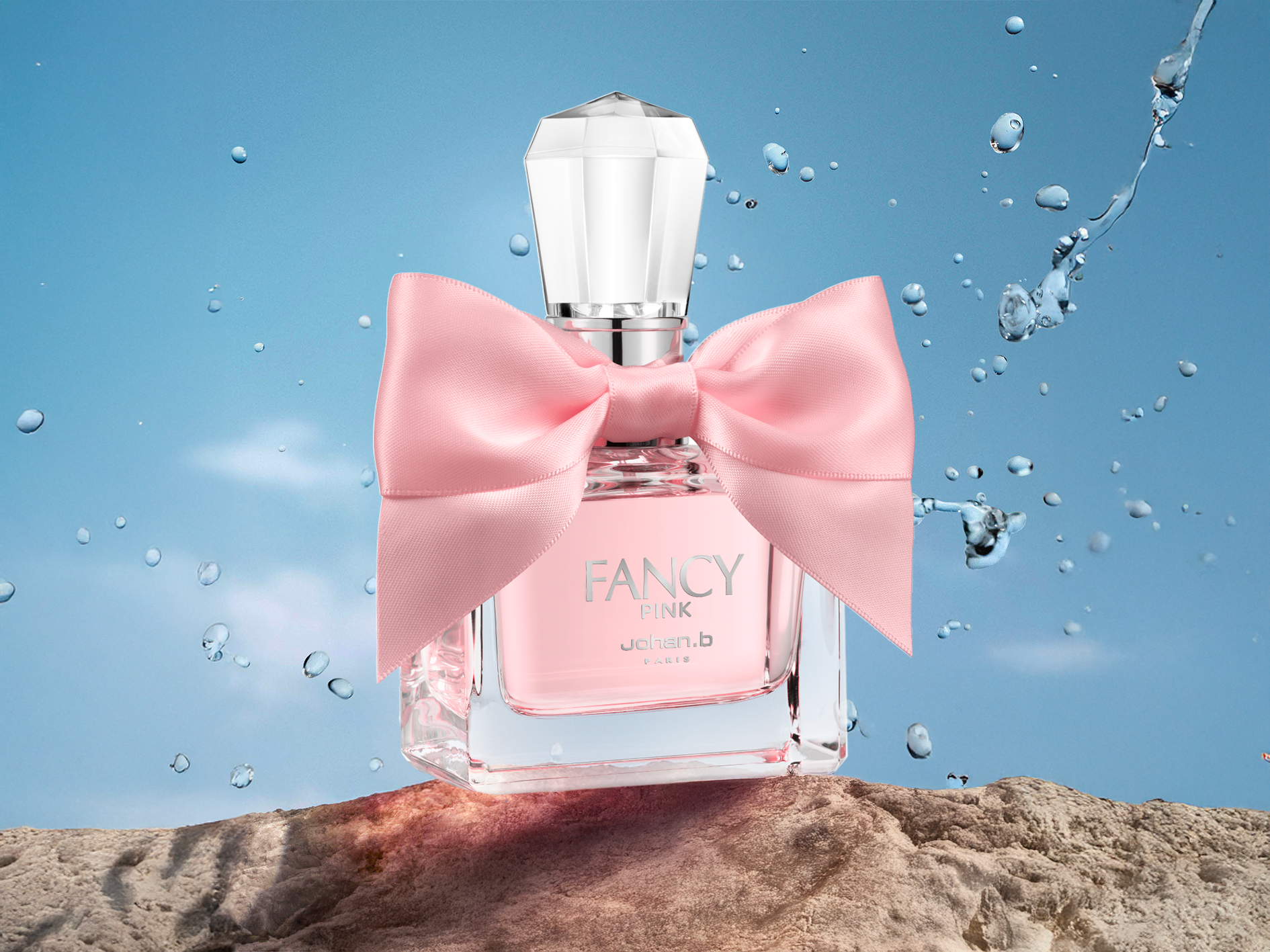 Perfume bottle with a pink bow labeled 'Fancy Pink' against a blue summer sky background