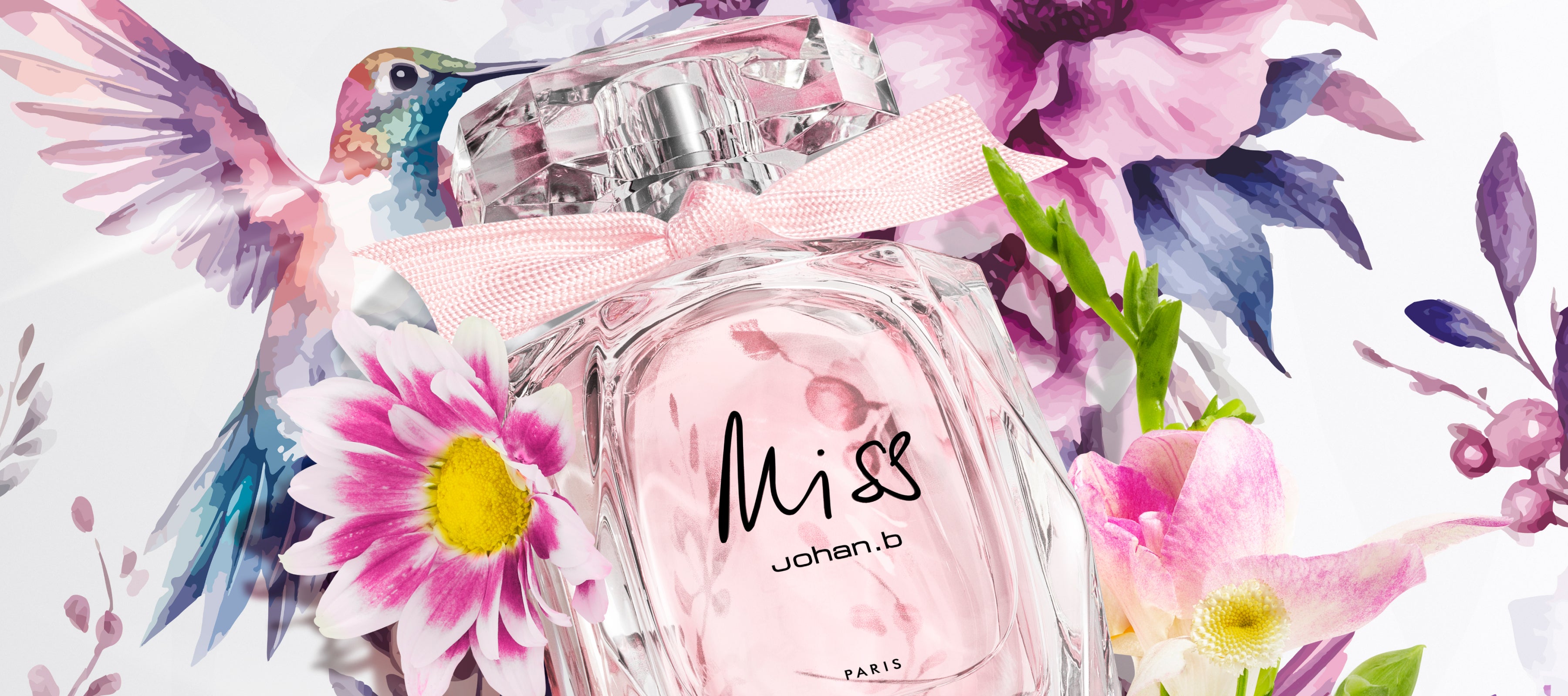 A new perfume for woman in a unique multifaceted bottle, adorned with a pink ribbon, in a flower bouquet