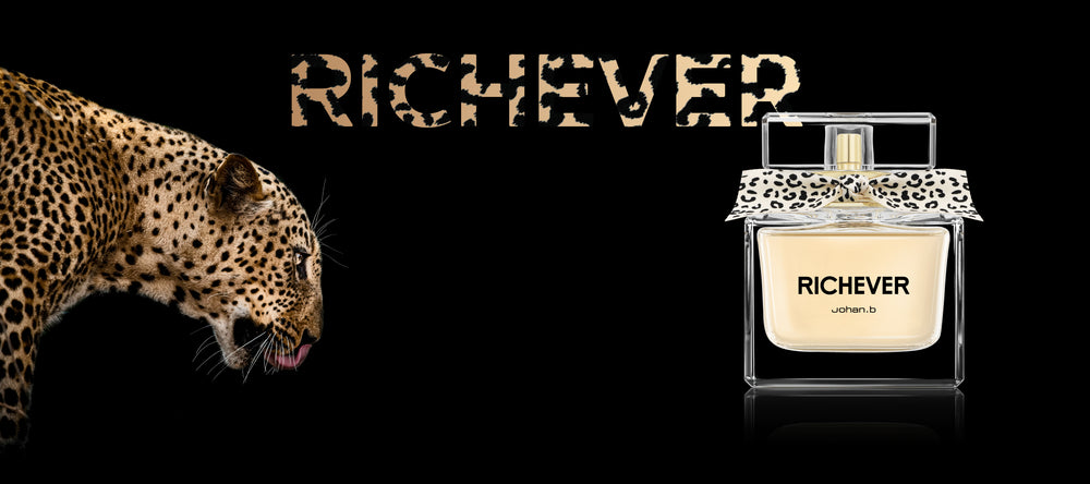 New perfume for women called Richever, adorned with a leopard ribbon, floral, woody and gourmand fragrance, golden reflects