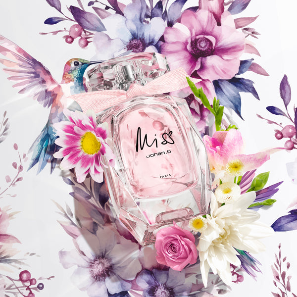 A new perfume for woman in a unique multifaceted bottle, adorned with a pink ribbon, in a flower bouquet